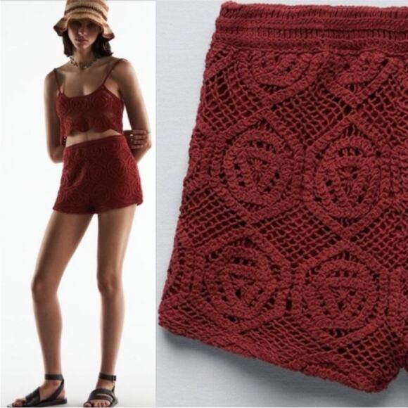 Zara Burgundy Maroon Crochet High Rise Shorts NWT LARGE Summer Elastic Pull On - Picture 2 of 14